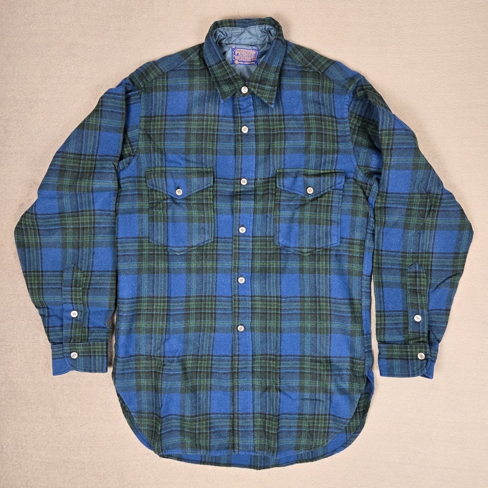 VTG 1960s/70s Pendleton Shirt Mens 15.5 Blue Buffalo Plaid Wool Virgin Wool USA